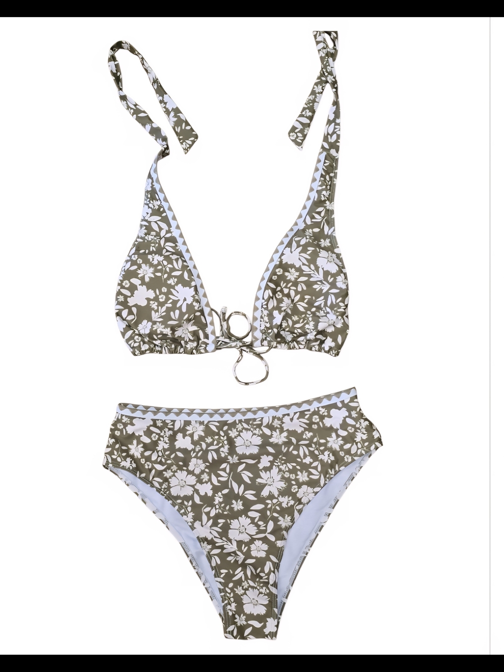 LNWOT - Zaful Olive Green and White Floral High-Waist Bikini Sz 6